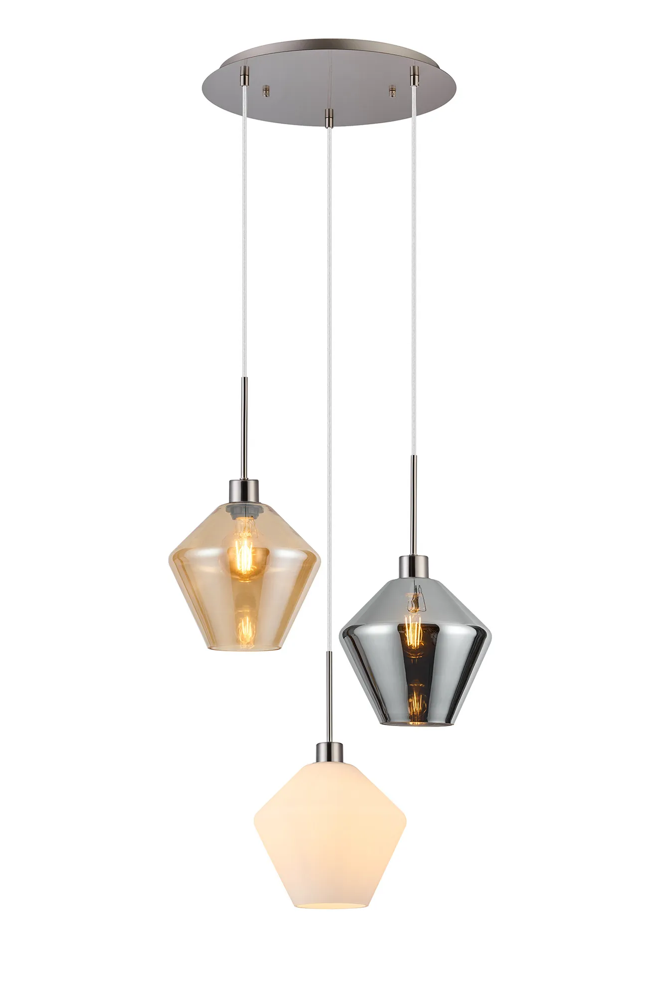 Lori 40cm Round Pendant, 3 Light Adjustable E27, Satin Nickel/Amber/Chrome/Opal Diamond Shades